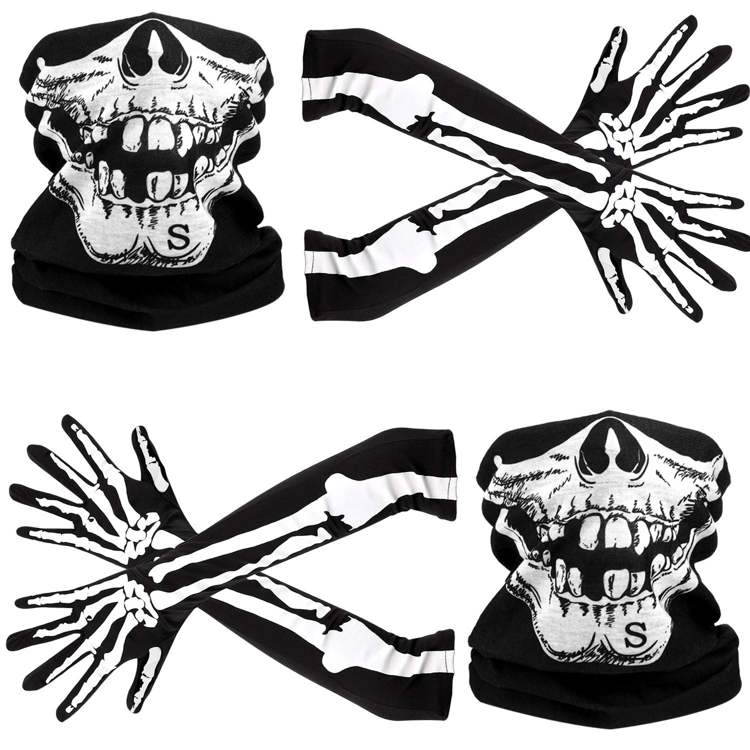Tatuo White Skeleton Long Gloves and Skull Face Mask Half Ghost Bones Cosplay Costumes for Adult Halloween Dance Costume Party (2 Sets, Style A)