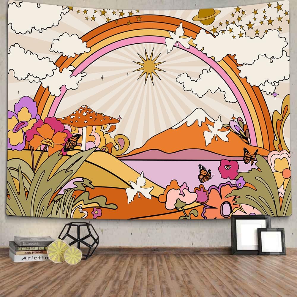 Tapestries - TOMOZ Vintage 70s 60s Groovy Tapestry, Retro Flowers Clouds Sun and Rainbow Tapestry Wall Hanging, Orange Boho Aesthetic Tapestry for Bedroom Living Room Dorm Decor 60 x 51Inch