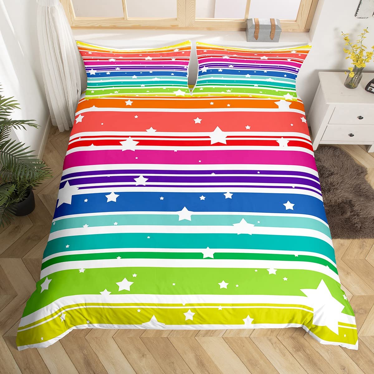 Loussiesd Colorful Rainbow Bedding Set Rainbow Star Duvet Cover for Kids Women Girls Multicolor Stripes Comforter Cover Durable Bedspread Cover 1 Duvet Cover Single Size