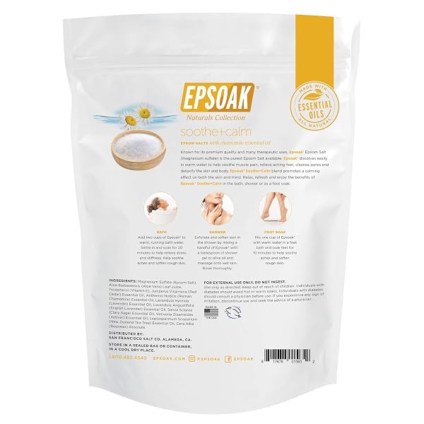 EPSOAK EPSOM SALT 2 LB. USP MAGNESIUM SULFATE WITH SOOTHING + CALMING SCENT WITH CHAMOMILE RESEALABLE EPSOM SALT BAG, MADE IN THE USA, CRUELTY-FREE CERTIFIED