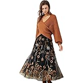 CHICWISH Women Floral Embroidered Tulle Skirt Flared A Line High Elastic Waist Mesh Double-Layered Midi Skirt
