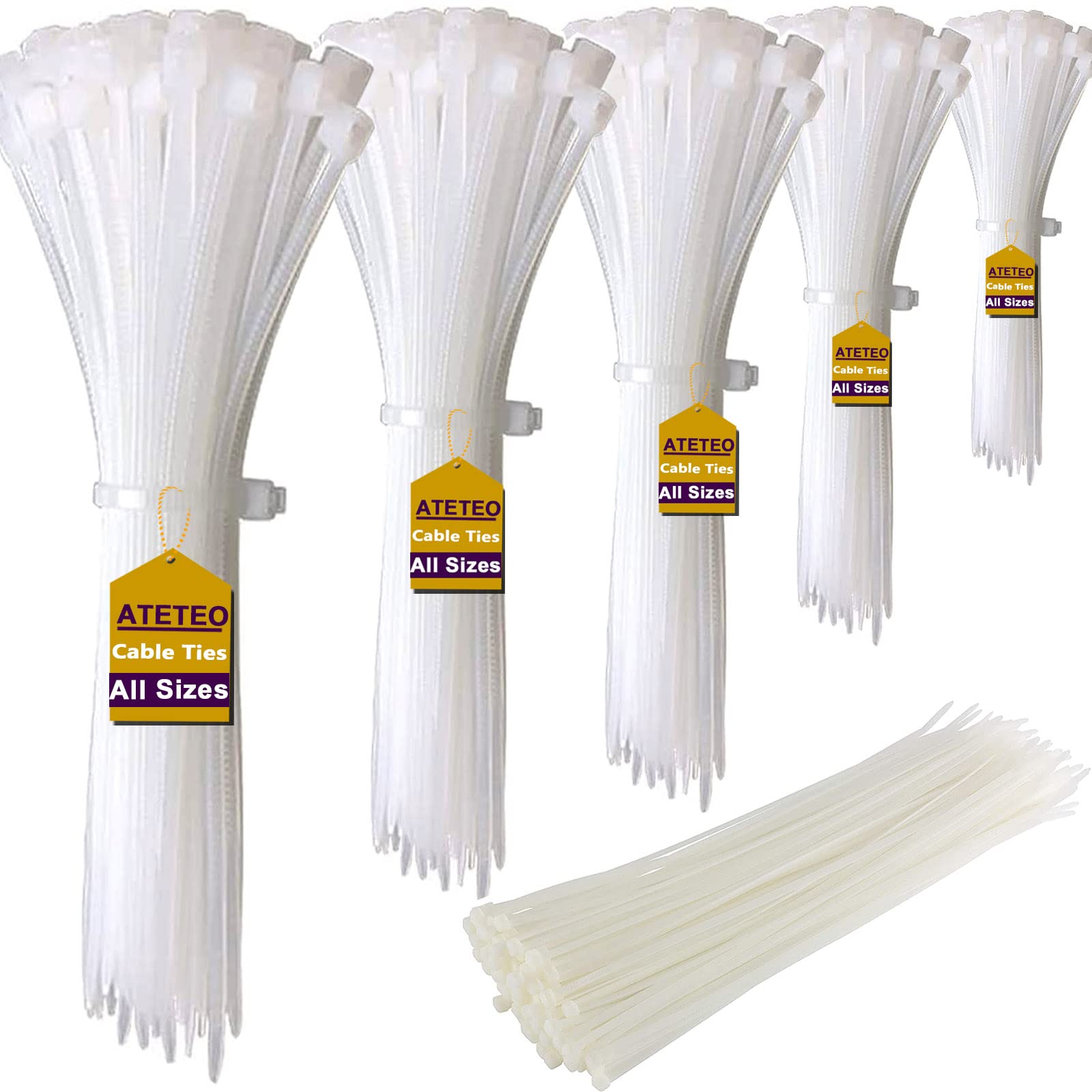 ATETEO White Cable Ties, 300mm x 3.6mm, Pack of 100, 12" Premium Nylon Zip Ties, Multi-Purpose Plastic Tie Wraps, Secure Self-Locking Mechanism, for Home, Garden, Office and DIY
