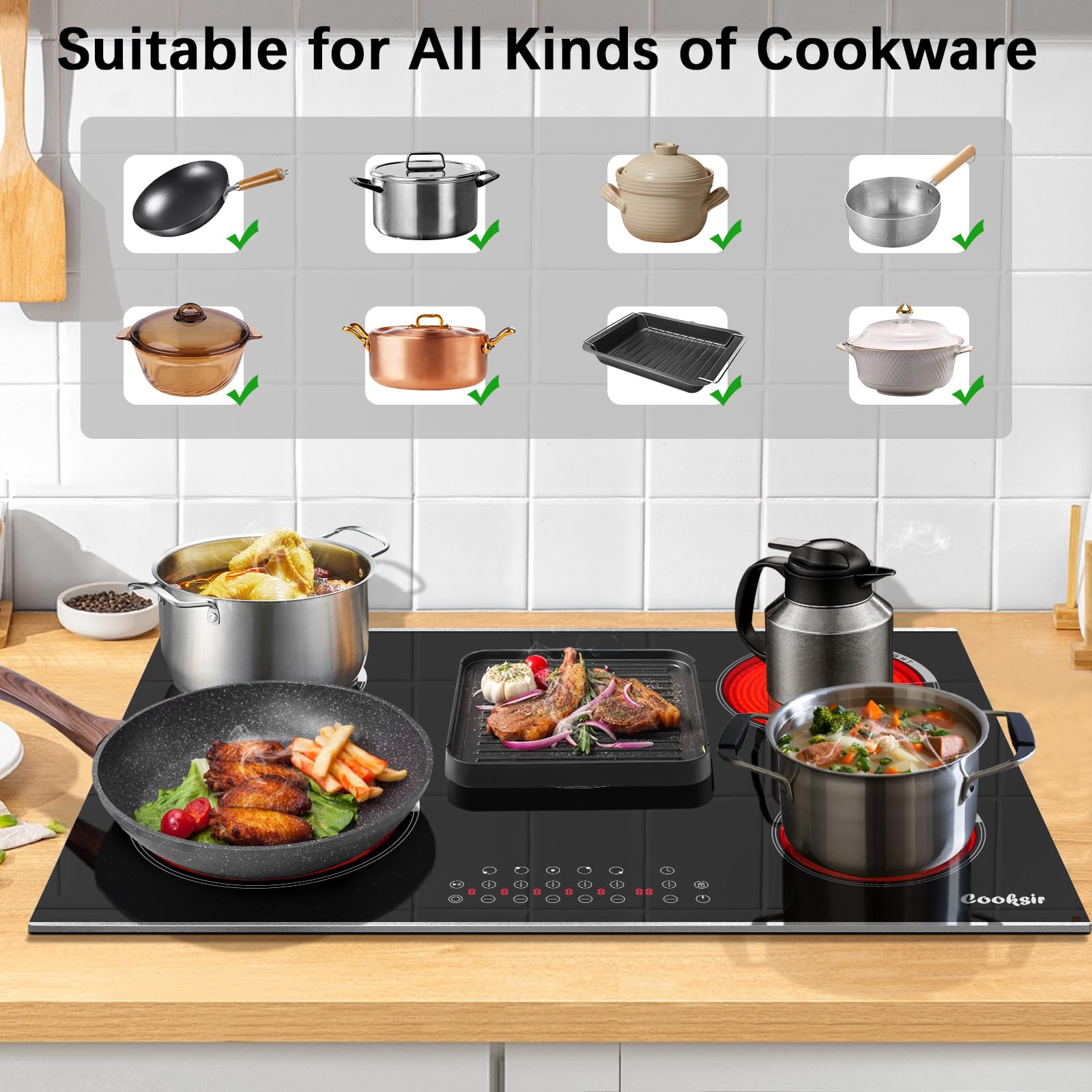 Electric Cooktop 30 Inch - 5 Burner Electric Stove Built-in 8400W High Power, 30 In Ceramic Stove Touch Control with Timer, Safety Lock, Glass Metal Prame, 220-240V Hard Wired (No Plug)