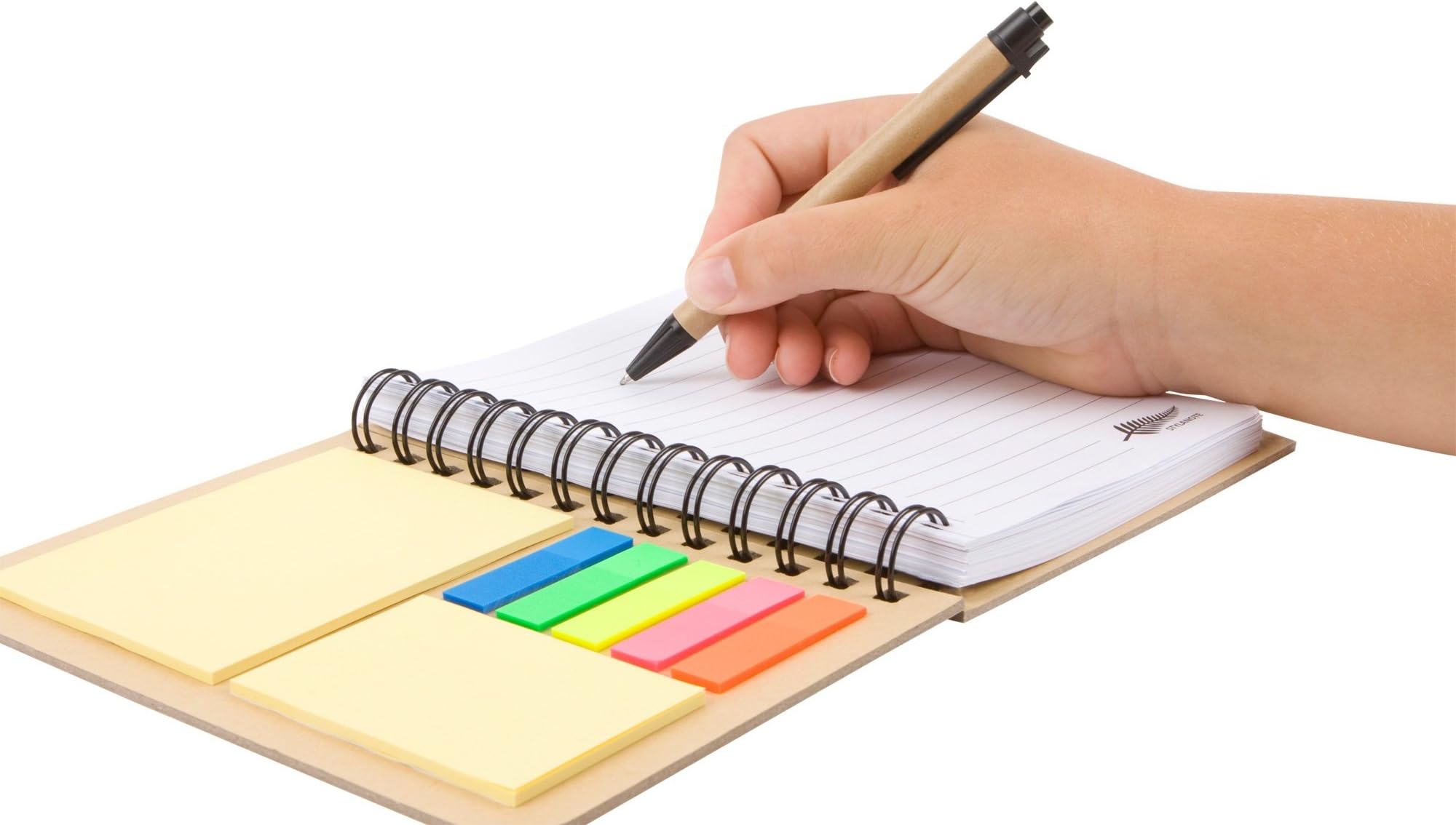 Notepad/Journal Spiral A5 Stylanote Fluoro Sticky Reminder Tabs Lined Notebook with Pen in holder Wirebound for Work, Home or Holiday for all ages. Never forget information again using your notepad.