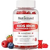 Iron Gummies for Kids & Teens, Kids Multivitamin with Iron Supplement, Vitamin B Complex, A, C, D3, Calcium, Zinc, DHA, Prebiotic, Blood Builder & Energy Support for Iron Deficiency, Vegan, 60 Ct