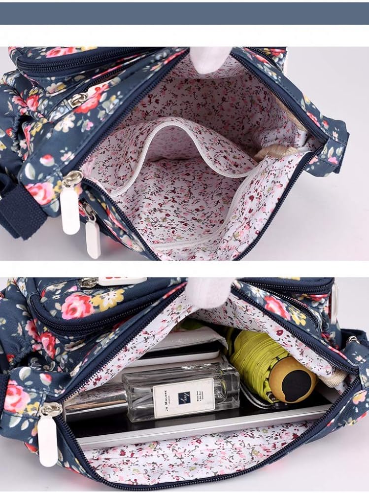 Womens Multi-Pocket Casual Crossbody Handbags Waterproof Flowral Printed Shoulder Nylon Bags Travel Messenger Bags (Floral-Orange) - Image 5
