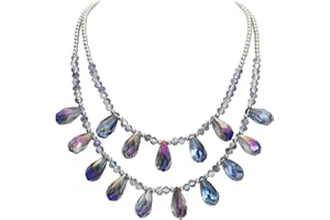 Firstmeet Crystal Glass Bead Bib Necklace Exquisite Double Layered Water Droplet Collar Necklace
