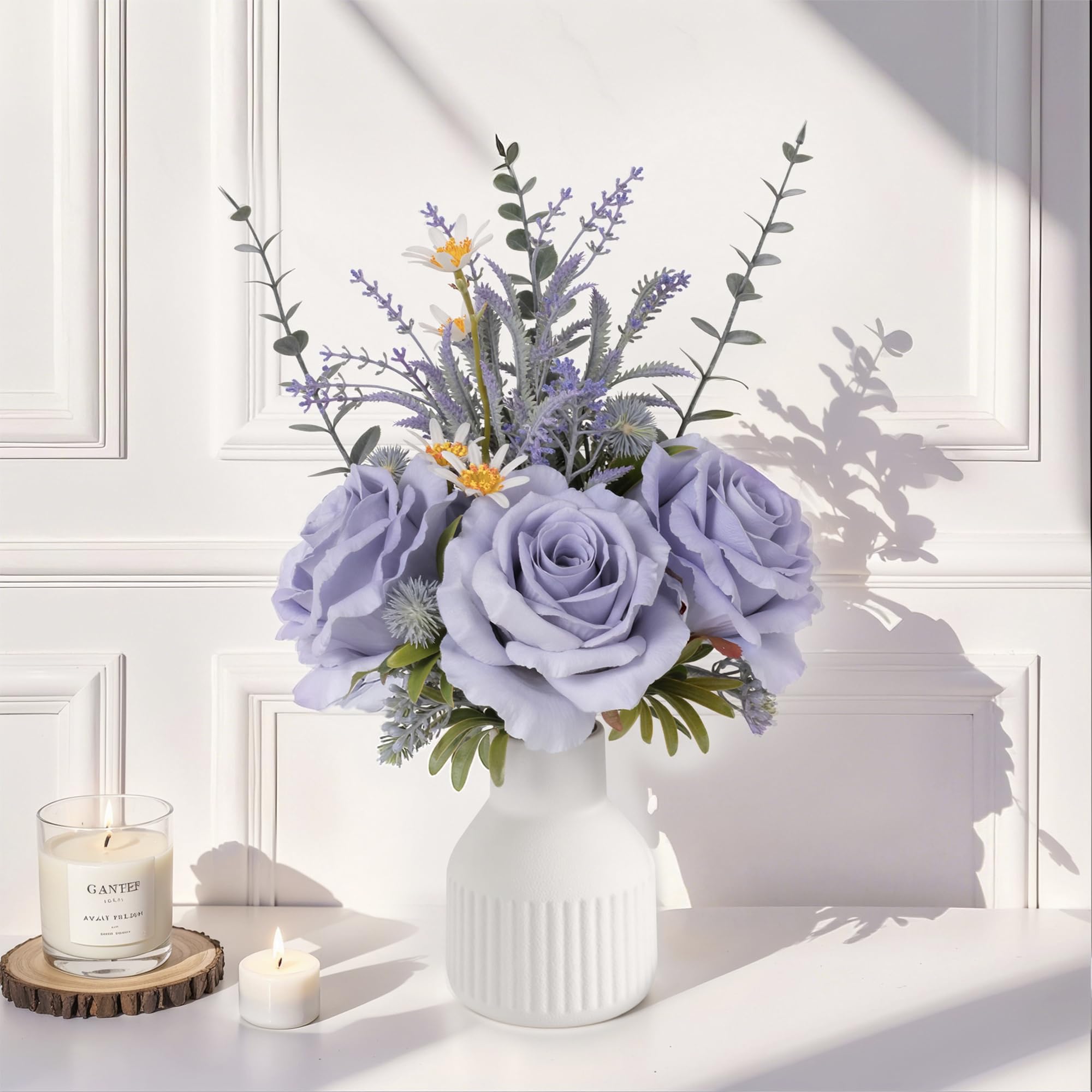 Photo 1 of **MISSING VASE***Artificial Flowers in Vase, Silk Roses Flowers Artificial Eucalyptus Lavenders Small Daisies and Fake Plants in White Ceramic Vase, Rustic Farmhouse Floral Arrangements Décor, Plants for Living Room