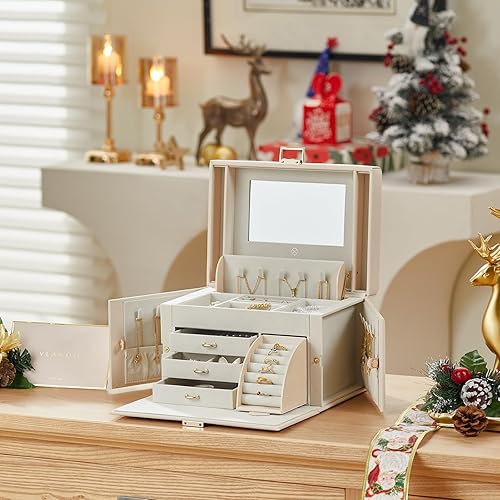 Vlando Jewelry Box Organizer for Girls Women, Large Jewelry Holder  Organizer with Mirror, Drawers for Bracel