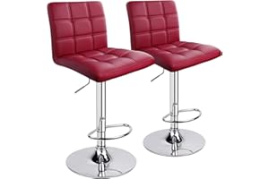 Leopard Outdoor Products Modern Square PU Leather Adjustable Bar Stools with Back, Set of 2, Counter Height Swivel Stool (Wine Red)