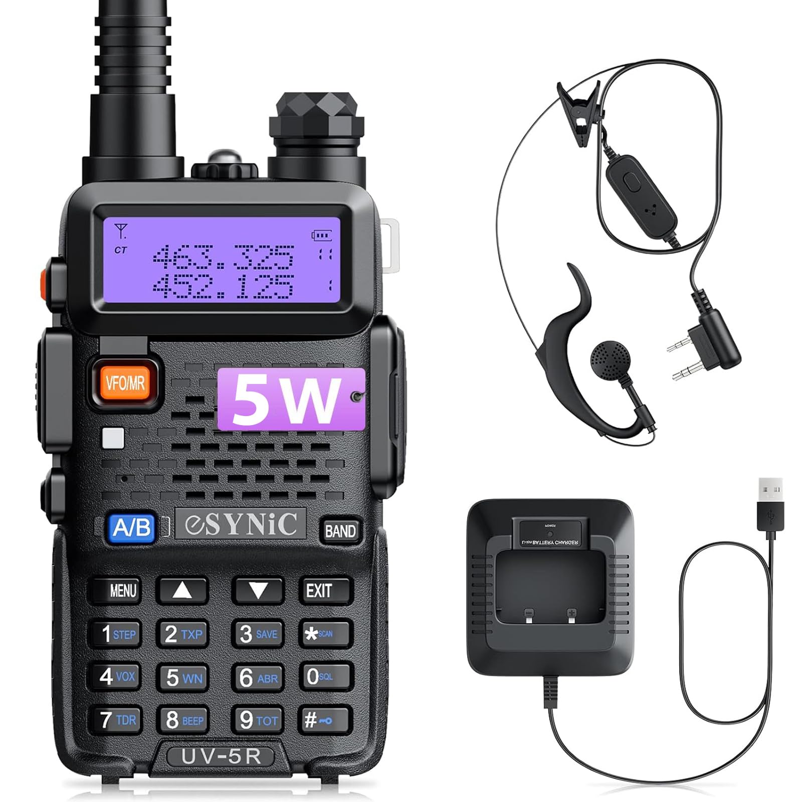 eSynic Professional Walkie Talkies uv5r 5W Rechargeable UV-5R Radio Walkie Talkies VHF/UHF Dual Band Clear Calls 2 Way Radio Long Range with LED Display 128CH Supports VOX FM Functions