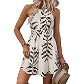 BLENCOT Womens Summer Beach Halter Neck Dresses Casual Smocked A Line Floral Mini Dress with Pockets
