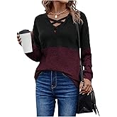 SOLY HUX Women's Long Sleeve Color Block Tops V Neck Criss Cross Casual Fall Tee Shirts