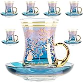 Vintage Turkish Tea Glasses Cups and Saucers Set of 6 Handle Drinkware Drink Bar Fancy Teapots Serving Glassware Drinking Kitchen Women Moroccan Persian Teacups Party Art Deco