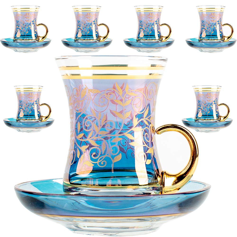 Vissmarta Vintage Turkish Tea Glasses Cups and Saucers Set of 6 Handle Drinkware Drink Bar Fancy Teapots Serving Glassware Drinking Kitchen Women Moroccan Persian Teacups Party Art Deco