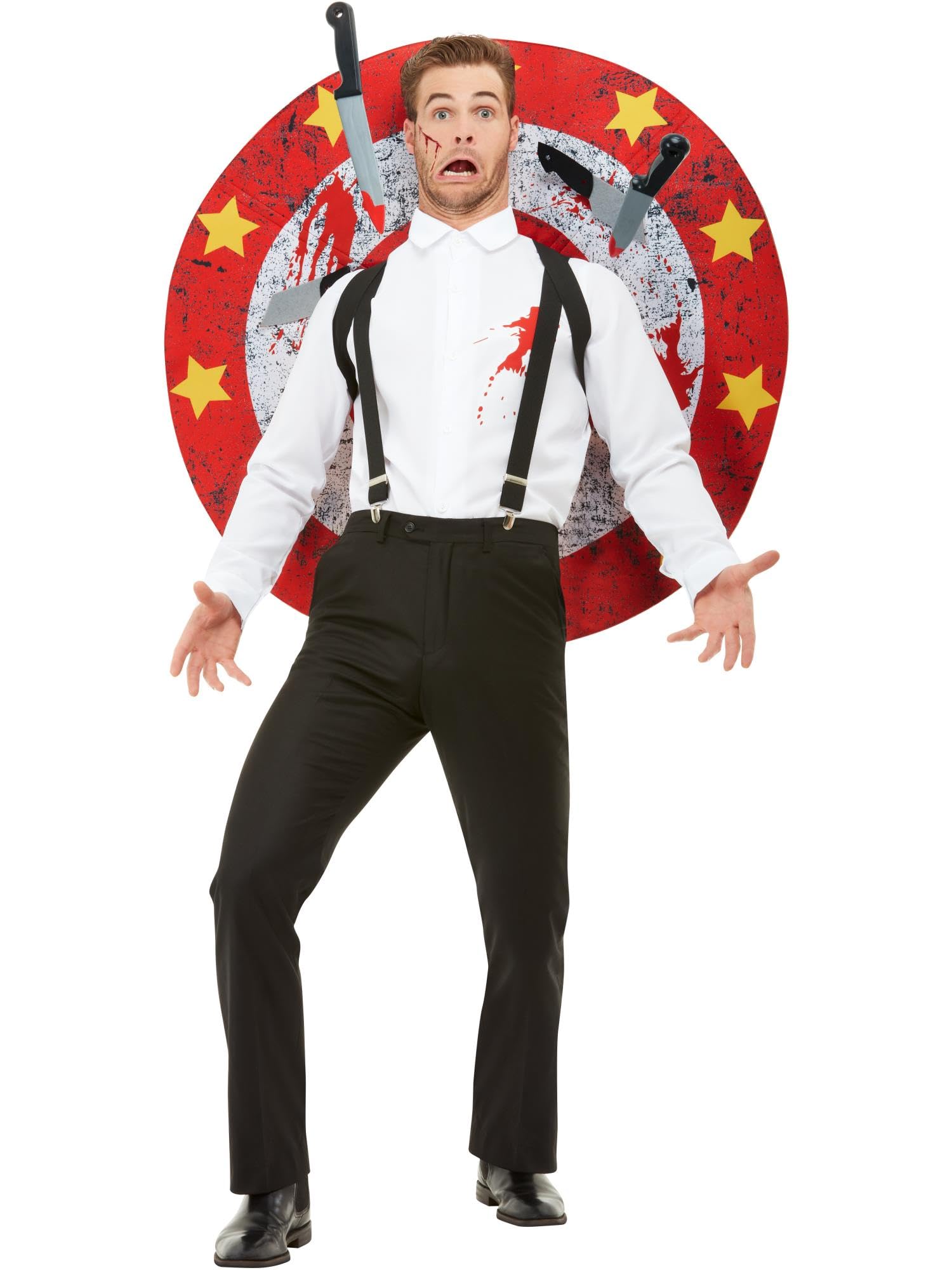 Smiffys Deluxe Knife Thrower Costume, Red & White with Shirt, Braces, Target Board & Velcro Knives, Circus Fancy Dress, Jester Dress Up Costumes