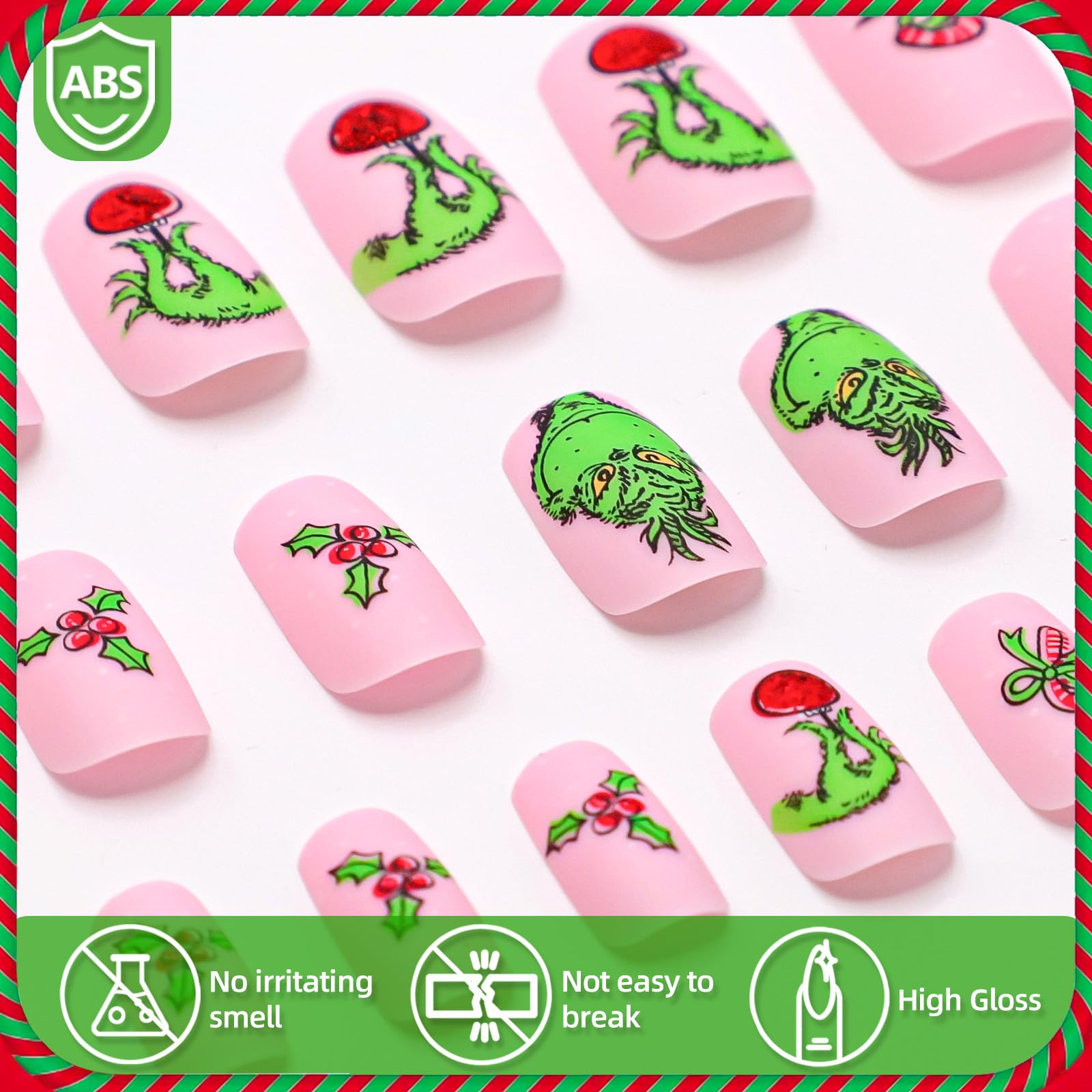 Christmas Press on Nails Short Square Fake Nails Pink Stick on Nails Winter False Nails with Fun Cartoon Green Haired Monster Designs Xmas Candy Cane Press on Nails for Women Girls Holiday Manicure - Image 4