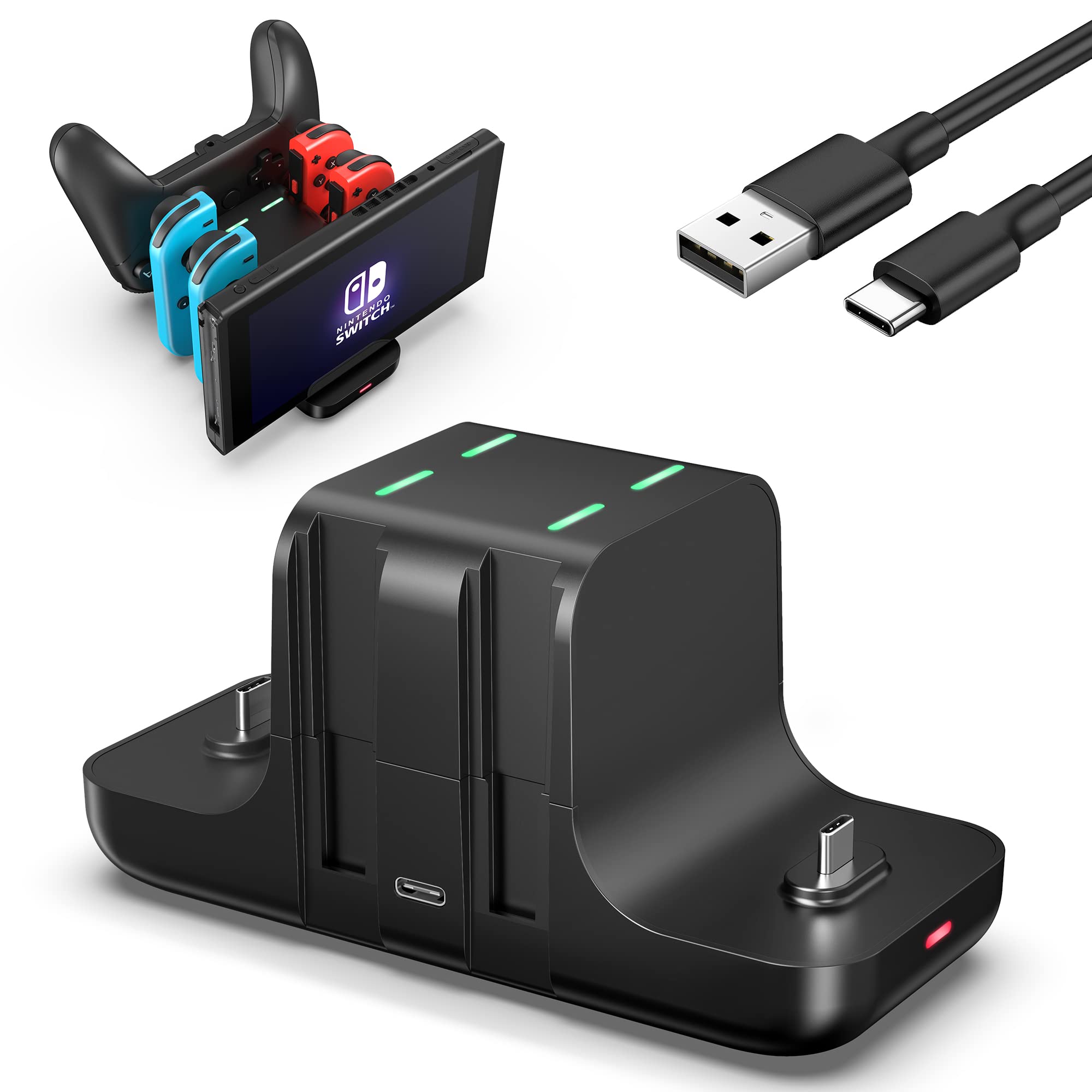 GLDRAM 6 in 1 Switch Charger Dock Station for Nintendo Switch & OLED & Lite, Charging Dock Storage Stand for Nintendo Switch JoyCon and Pro Controller with USB C Charging Cable, Black
