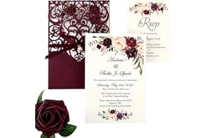 DreamBuilt 4.7X7 Inch 50PCS Blank Laser Cut Burgundy Wedding Invitations With Rsvp Cards And Envelopes And Ribbon Belly Band 