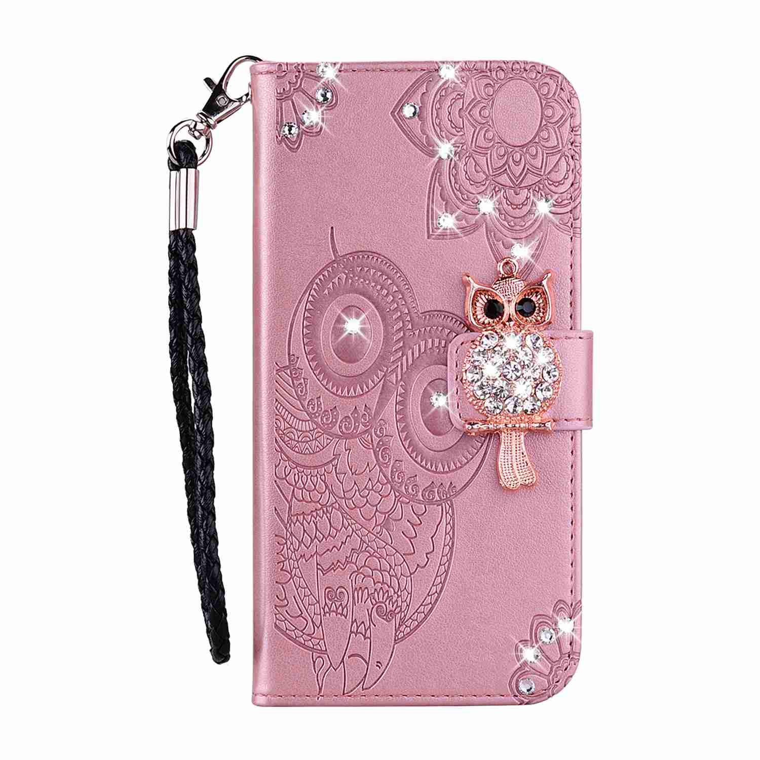 Reevermap Samsung Galaxy A32 5G Case Glitter Samsung M32 5G Case, Shockproof PU Leather Flip Gems Wallet Card Holder Owl Magnet Shiny Rhinestone Cover for Samsung A32 5G/ M32 5G Kickstand, Rose Gold
