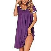 Ekouaer Women's Nightgown Short Sleeve Sleepwear Comfy Sleepshirts Pleated Scoopneck Nightshirt S-XXXL