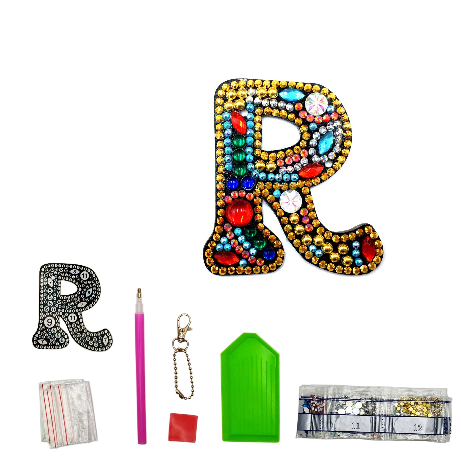 MEDOYOH DIY Letters "R" Diamond Painting Key Chains, Double-Sided Retro DIY Diamond Painting Kits Keychain, DIY Letters Art Craft Crystal Diamond Keyring Kits for Key Chain Pendant Bag Decor Brooch