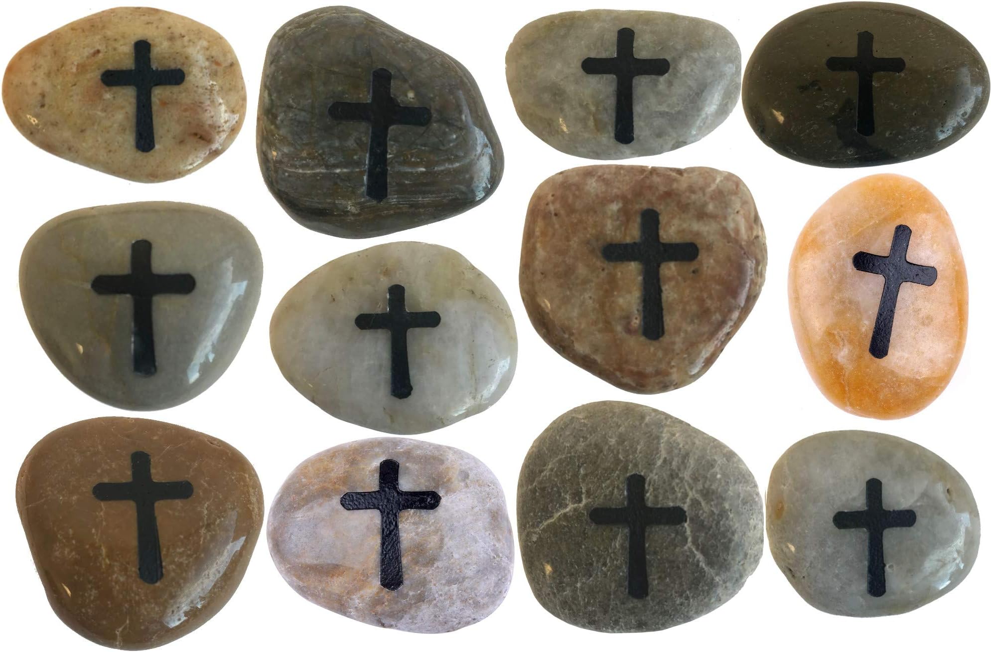 Holy Land Market Engraved Cross (not to) Worry Natural Stones (12 Stones Set- Large 2-3 Inches Each)