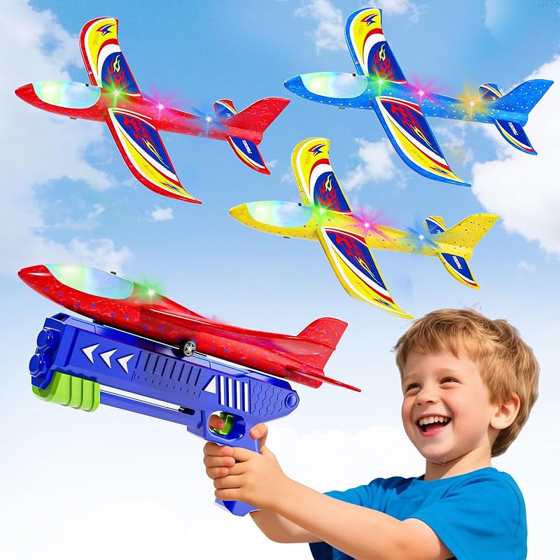 Doloowee Flying Glider Toys 3 Foam Planes Launcher Outdoor Kids 3 4 5 6 7 8