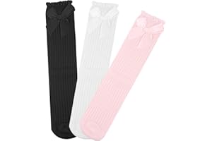 Permuly Knee High Socks,Girls Bow Socks,3 Pairs Cotton School Uniform Socks for Girls 8-15 Years