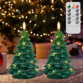 Wondise Christmas Tree Flameless Candles with String Lights 3D Wick | Real Wax Battery Operated Candles with Remote Timer, LED Candles for Christmas Holiday Indoor Dinner Decor(3" x 7.1")