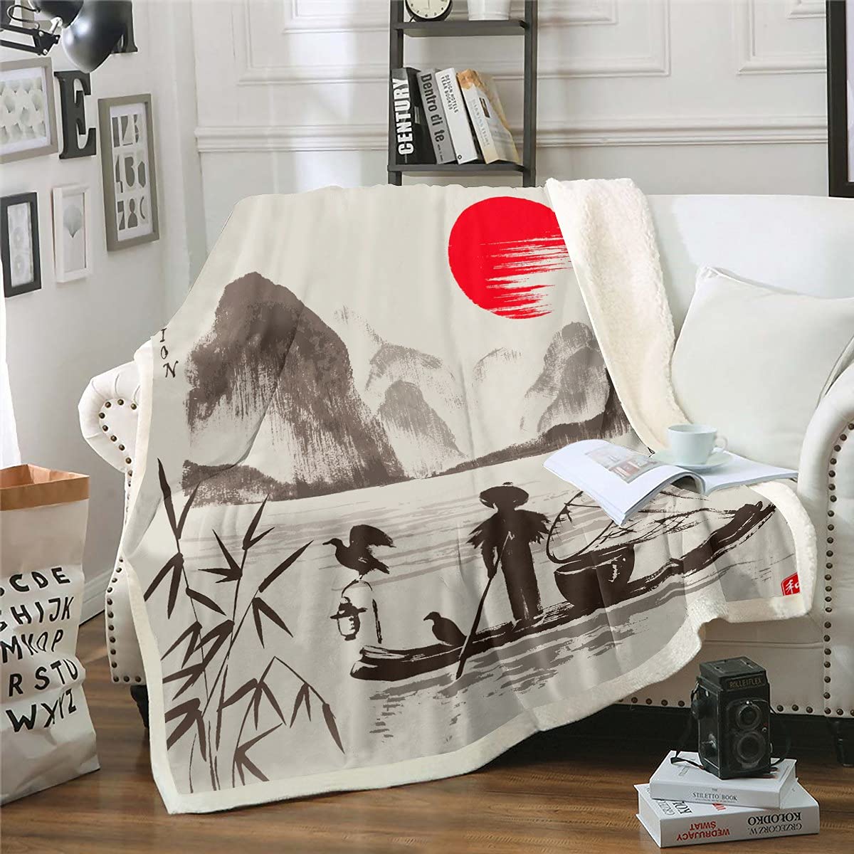 Chinese Style Sherpa Blanket Cormorant Fisherman Bamboo Pattern Fleece Throw Blanket Kids Boys Girls Guilin Scenery Plush Blanket Ink Vintage Decor Fuzzy Blanket for Sofa Bed,Double 60x79 Inch
