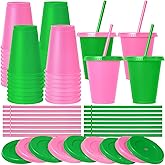Skylety 16 Pcs Plastic Cups with Lids and Straws 16 oz Plastic Cups Coffee Reusable Tumbler Water Bottle Holiday Christmas Party Supplies Gifts for Drinking Coffee Cocoa(Pink,Green)