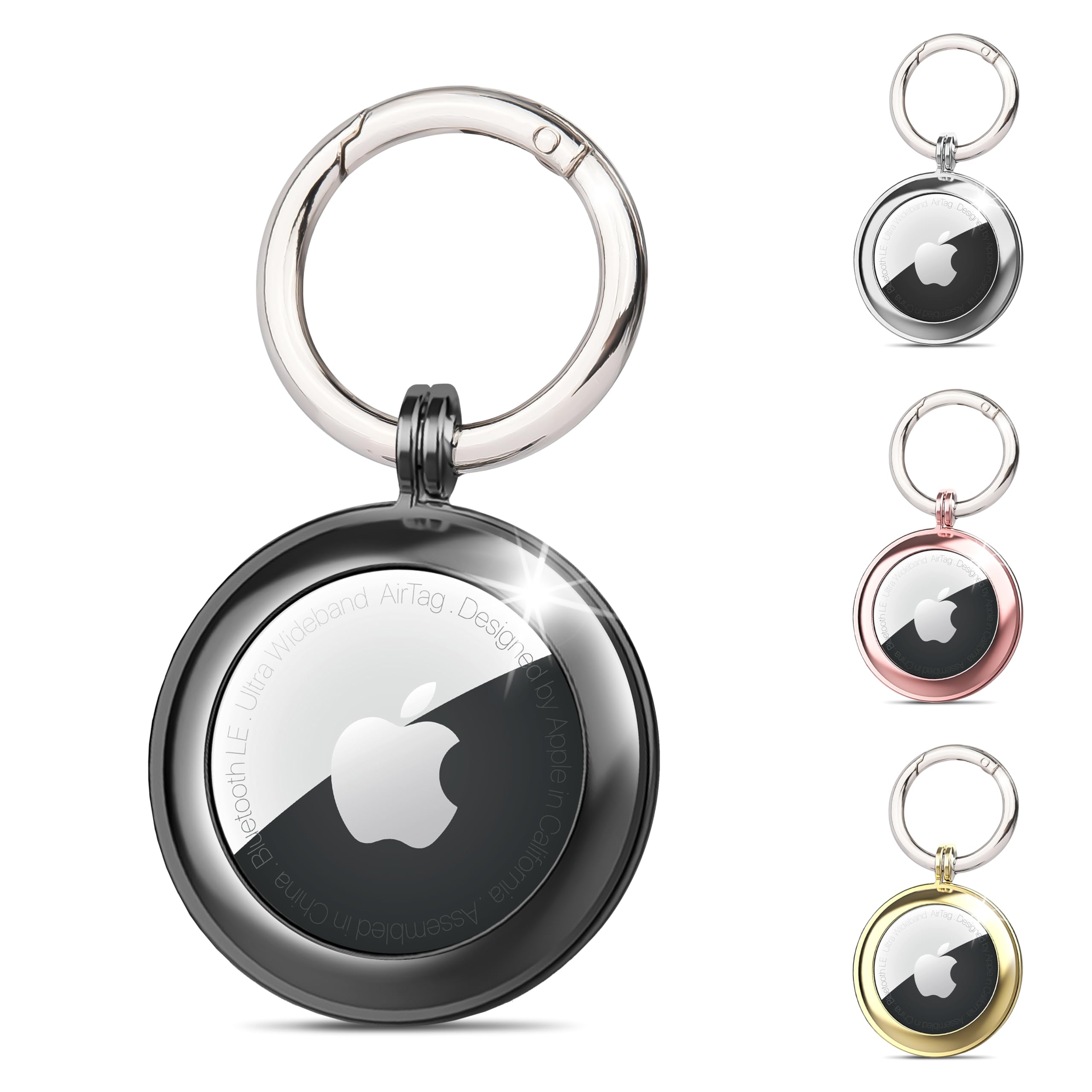 RECKNEY Metal AirTag Keychain Case Black - Air tag Keyring compatible with Apple AirTag - Air tag Bumper - AirTag Holder for Keys, Wallets, Bags, Kids, Dogs and Cat Collar Pets