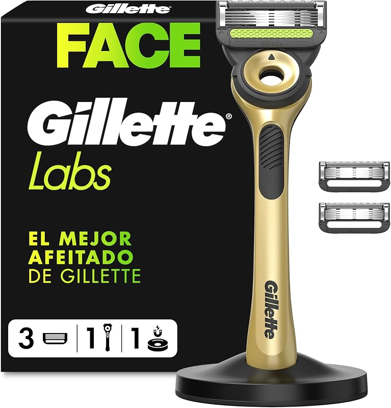 Navalha Labs Champion Gold Edition com recargas, 1 pega com barra esfoliante integrada, 3 lâminas com banda lubrificante, 1 suporte magnético