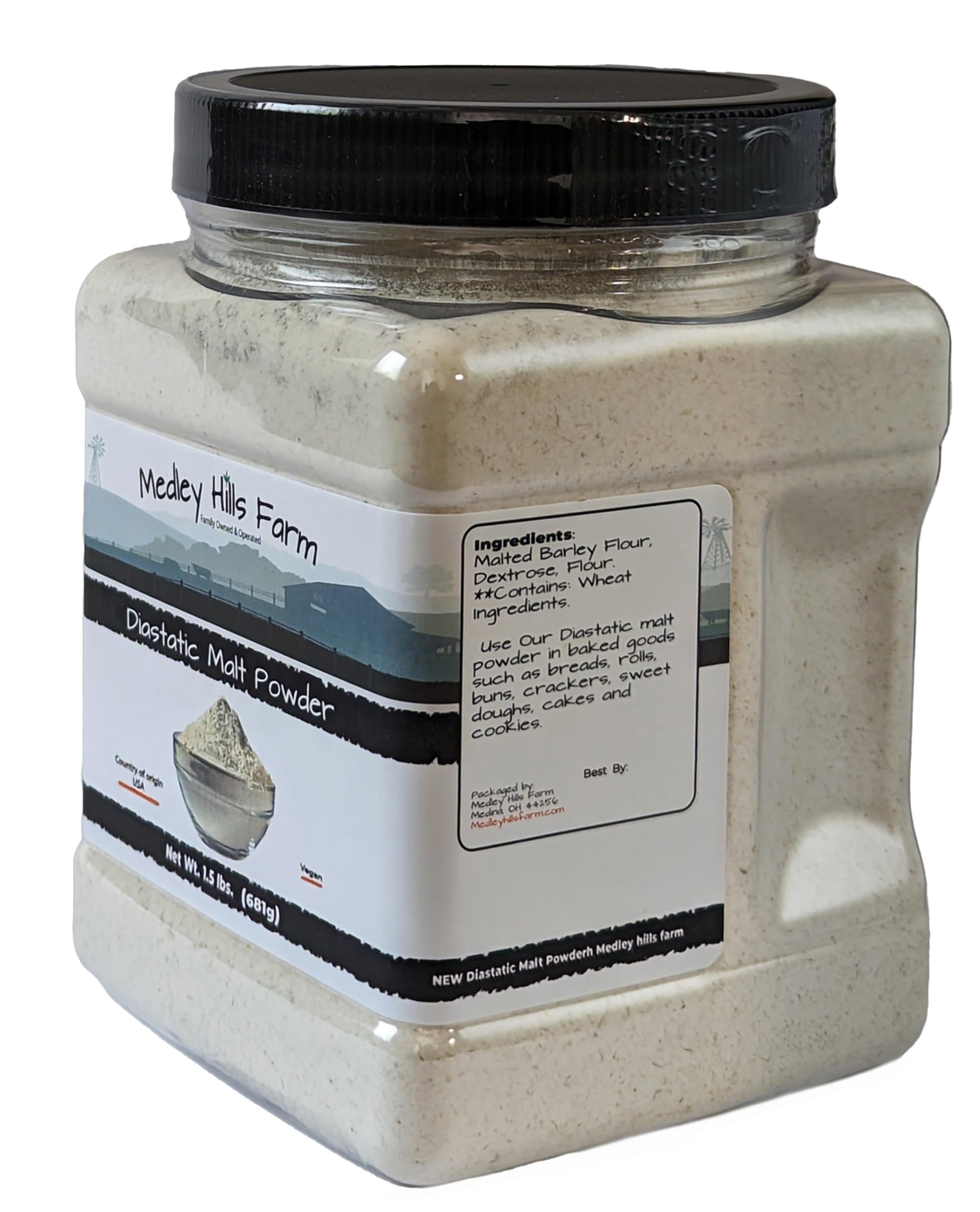 Diastatic Malt Powder by Medley hills farm 1.5 Lbs. in Reusable Container - Great Diastatic malt powder for baking Bread, Pizza Crust, Pretzels, Desserts and Milkshakes. Made in the USA - Vegan