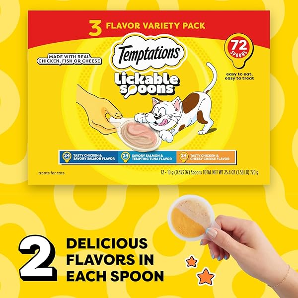 TEMPTATIONS LICKABLE SPOONS, SOFT LICKABLE CAT TREATS, ADULT WET CAT TREATS, VARIETY PACK, 72 SPOONS