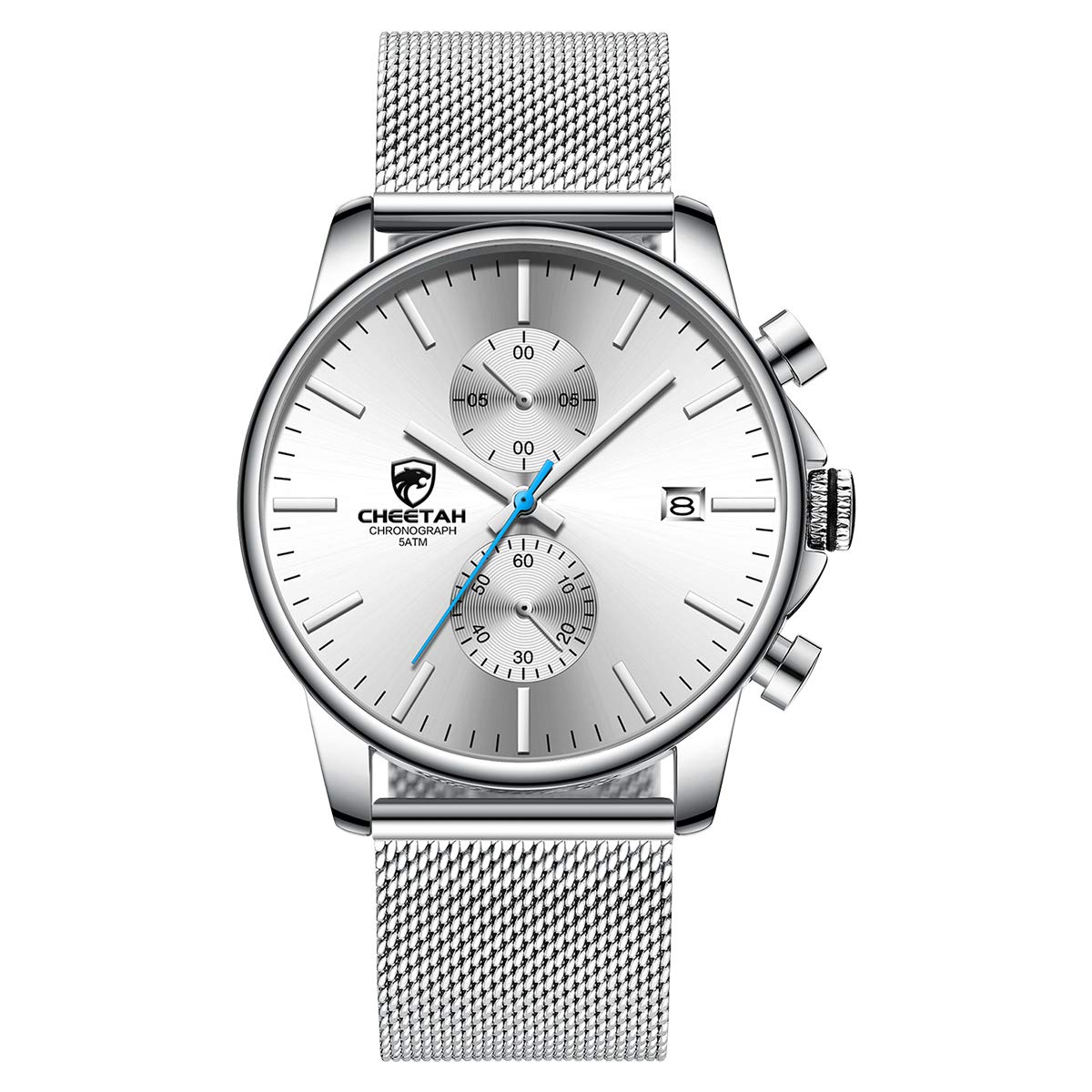 GOLDEN HOUR Men’s Watch Fashion Sleek Minimalist Quartz Analog Mesh Stainless Steel Waterproof Chronograph Watches, Auto Date in Blue Hands, Color: Silver White