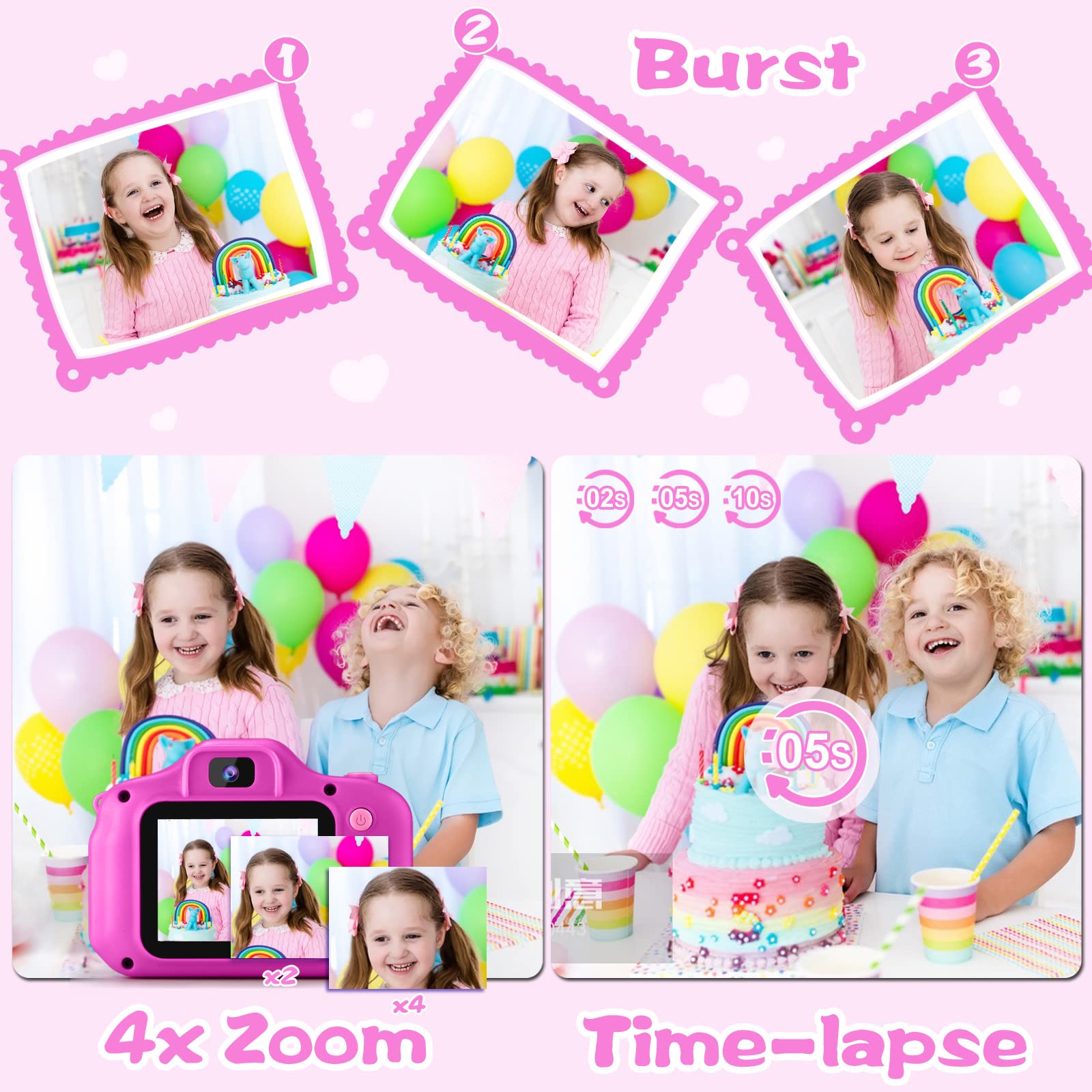 PROGRACE Kids Camera Girls Gift - Dual Selfie Kids Digital Camera Age 3 4 5 6 7 8 9 Year Old Children Camera Toys Christmas Birthday Gift Age 3-12 Toddler Camera Kids Video Camcorder Recorder,Rose Red