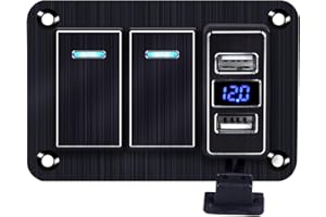 XHTECHNOLOGY 2 Gang Aluminum Rocker Switch Panel with 4.8 Amp Dual USB Charger Voltmeter Waterproof 12V 24V DC Rocker Switch with Night Glow Stickers for Cars Trucks Boats RVs