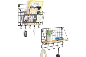 Baeymonkay Easy Installation Key Holder Wall Mount, Mail Organizer for Wall with 10 Hooks, Iron Key Hooks with Shelf for Living Room Decor, Home Decor, Matte Black Key Hanger, Key Rack（Mail + Wood）