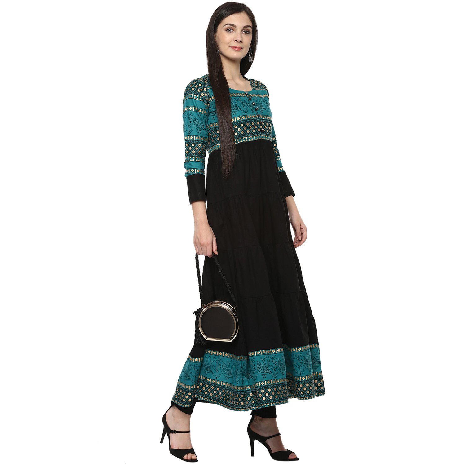 ives anarkali green cotton tribal printed casual kurti for women