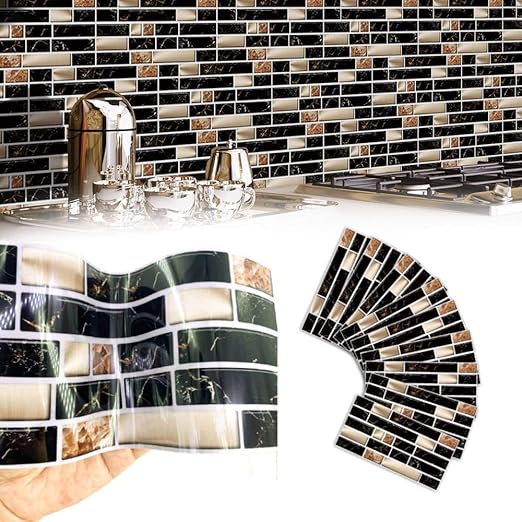Enipate Marble Tile Stickers Gold Metallic Black Peel & Stick Selfadhesive Splashback Kitchen