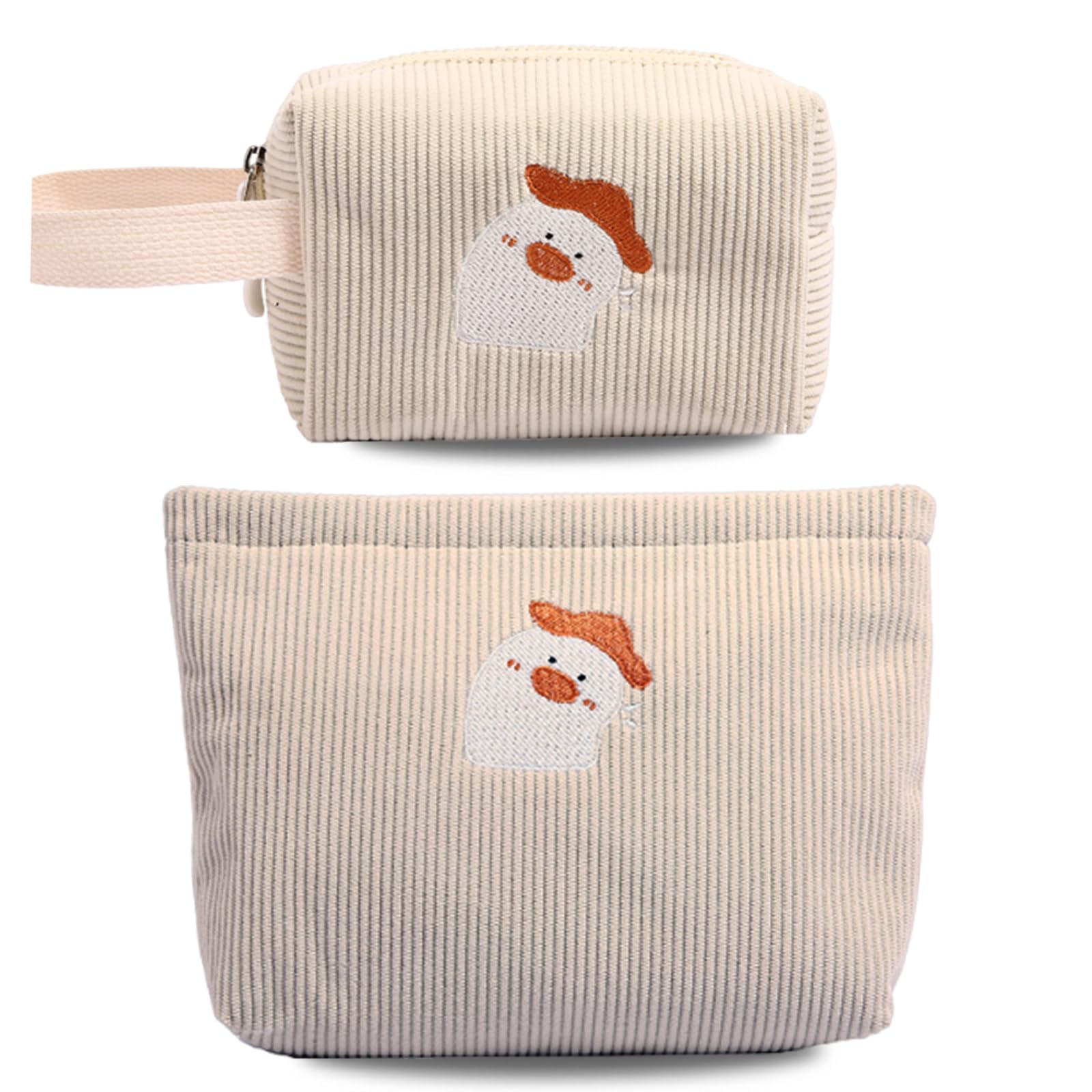Corduroy Makeup Bag Set for Girls Kids, 2Pcs Cute Embroidered Cosmetic Bag for Women, Wide-Open Travel Toiletry Pouch for Accessories, Daily Organizer for Teens Birthday Christmas Gift, White Chicken