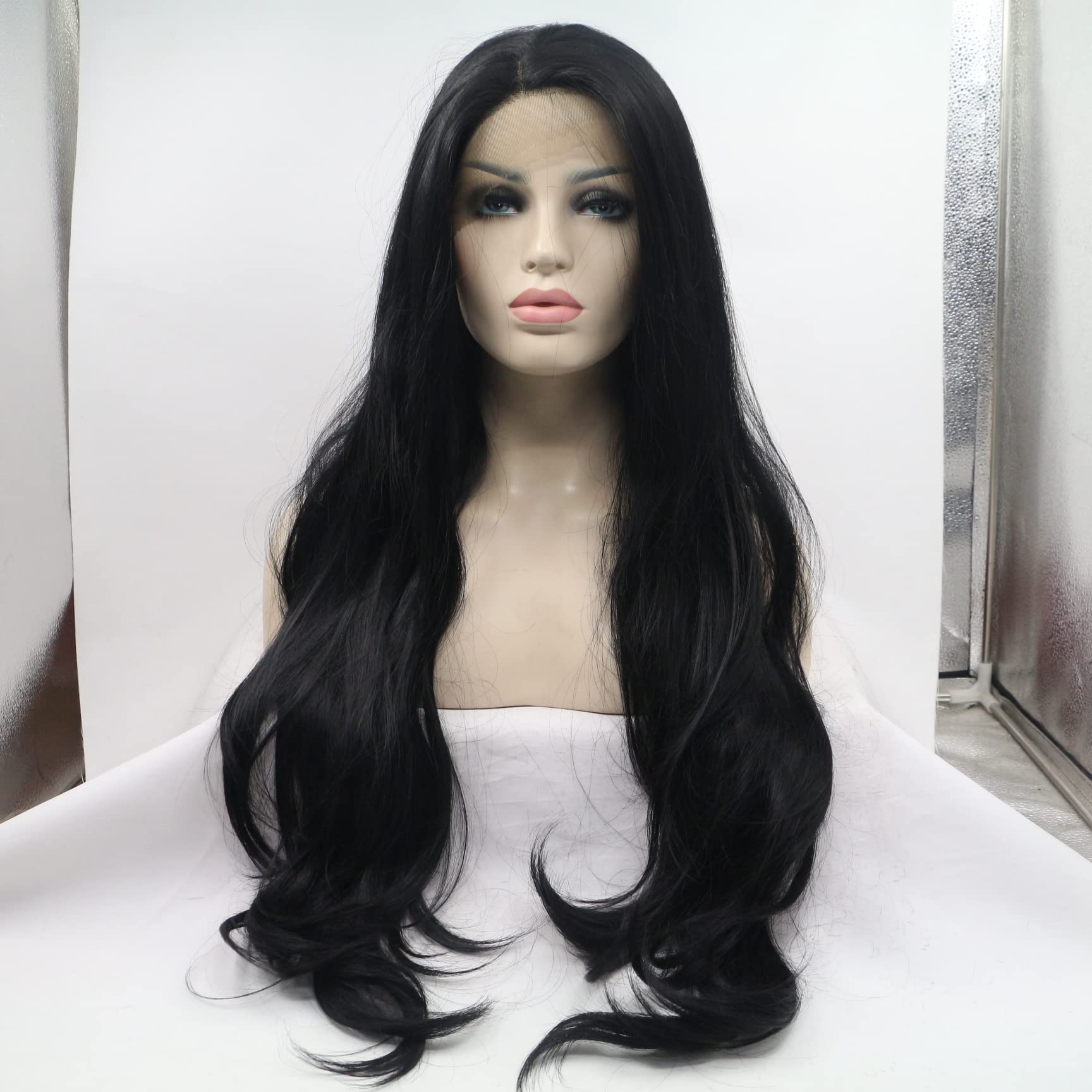 xiweiya 1b# Black Lace Front Wig Black Natural Wavy Synthetic Heat Resistant Fiber Hair Natural Hairline Glueless Soft Wig High Density Half Hand Tied Wigs for Women 24inch