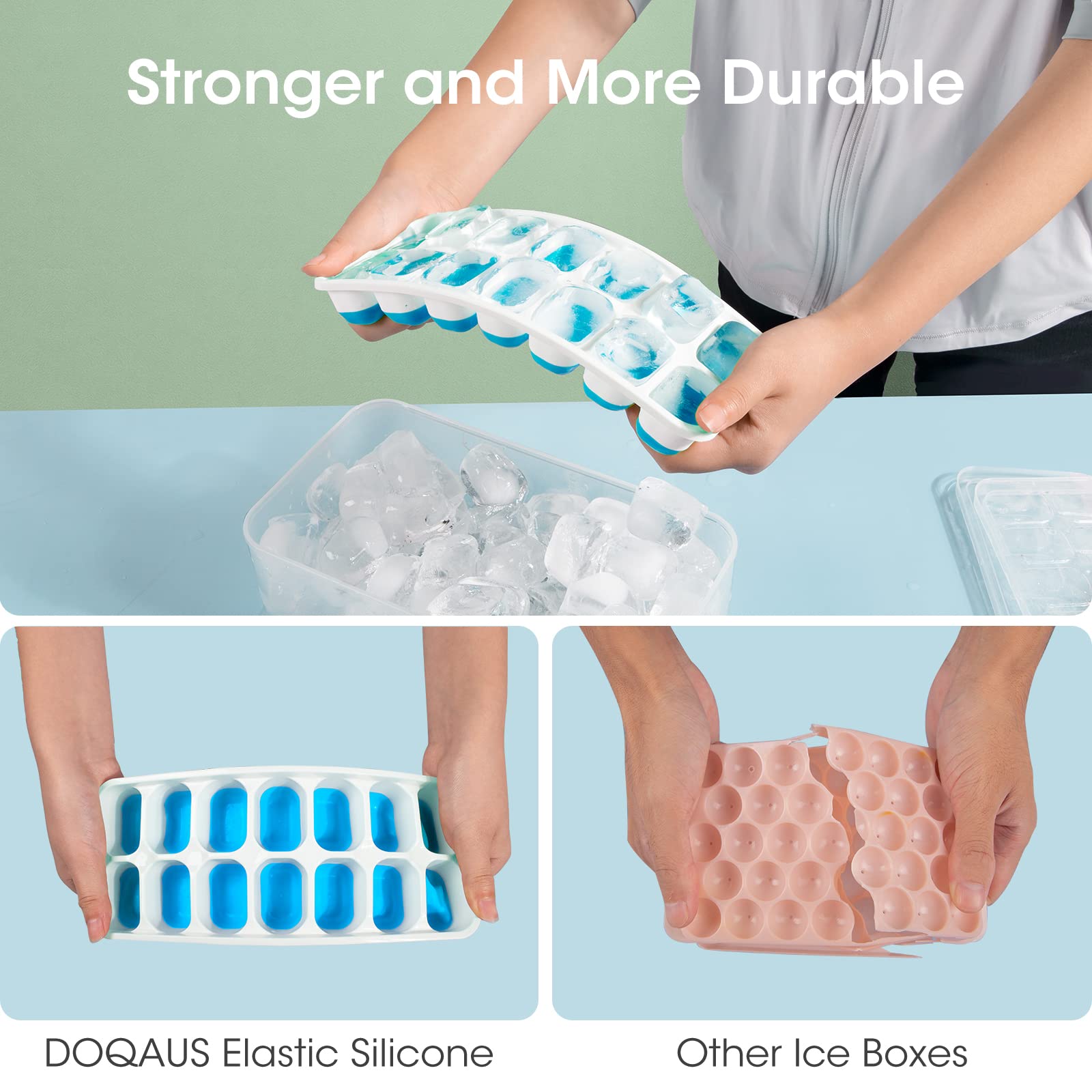 DOQAUS Ice Cube Tray with Lid and Bin, 4 Pack Silicone Plastic Iced Cubes Trays for Freezer with Box/Container, Stackable with Storage Ices Bucket, Tong, Scoop, for Baby Food, Cocktail, Coffee