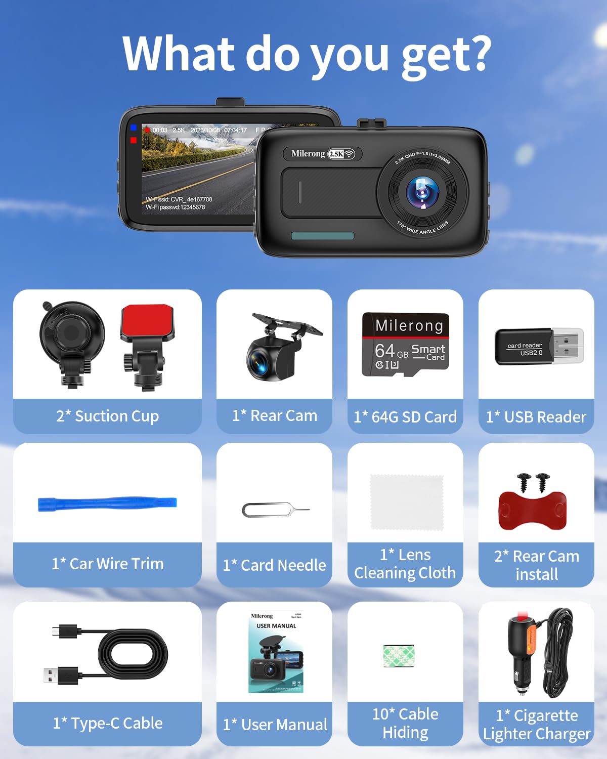 Milerong Dash Cam Front and Rear Wireless with 64GB Card/APP Control, 2.5K Dashcams Front+1080P Rear Dash Camera for Cars,3
