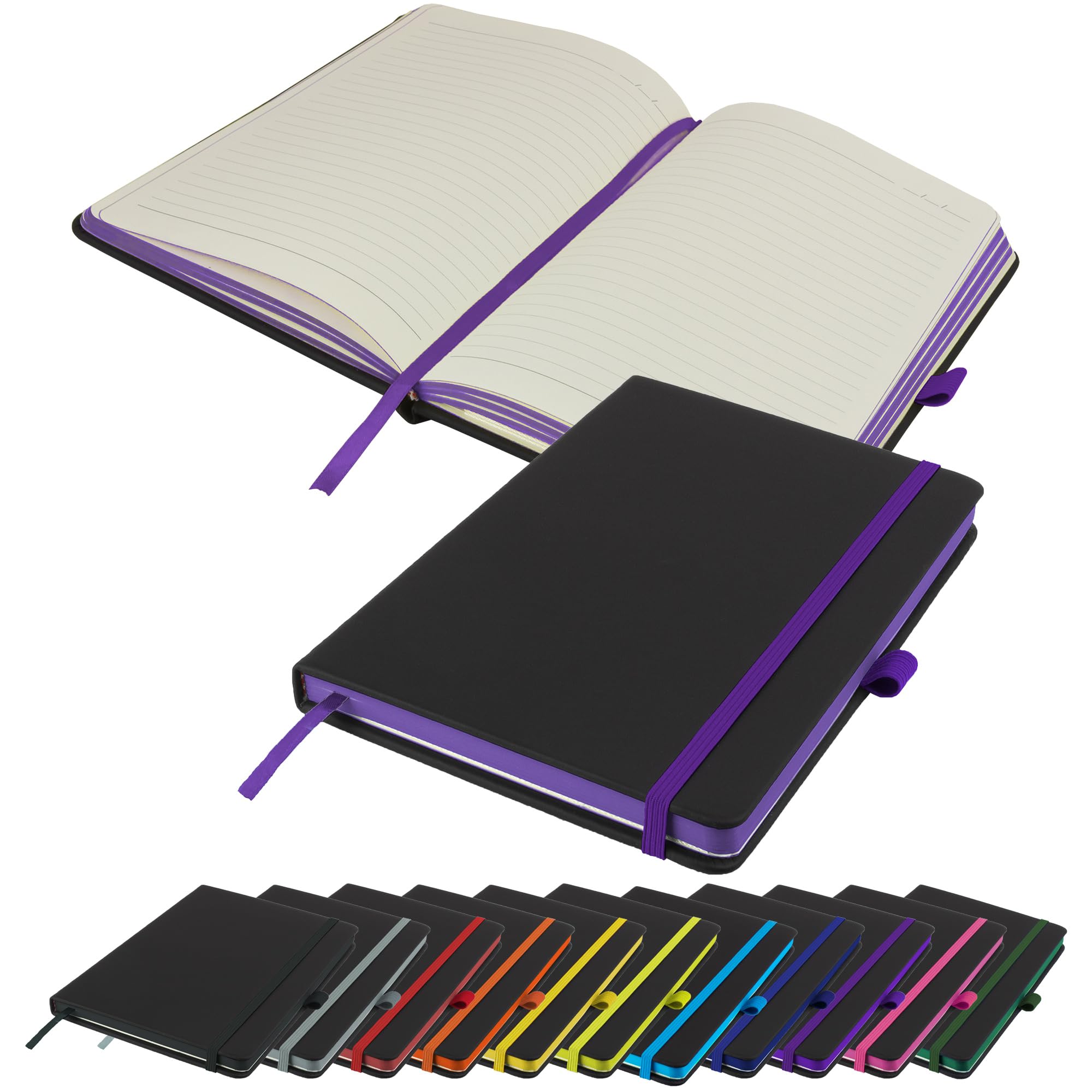 Savvy Bee Executive Contrasting paper edge A5 Notebook New Lined Hardback Journal with pen loop, elastic, ribbon, paper pocket & 196 pages Notepad Note Book Notes Diary Pad (Purple)