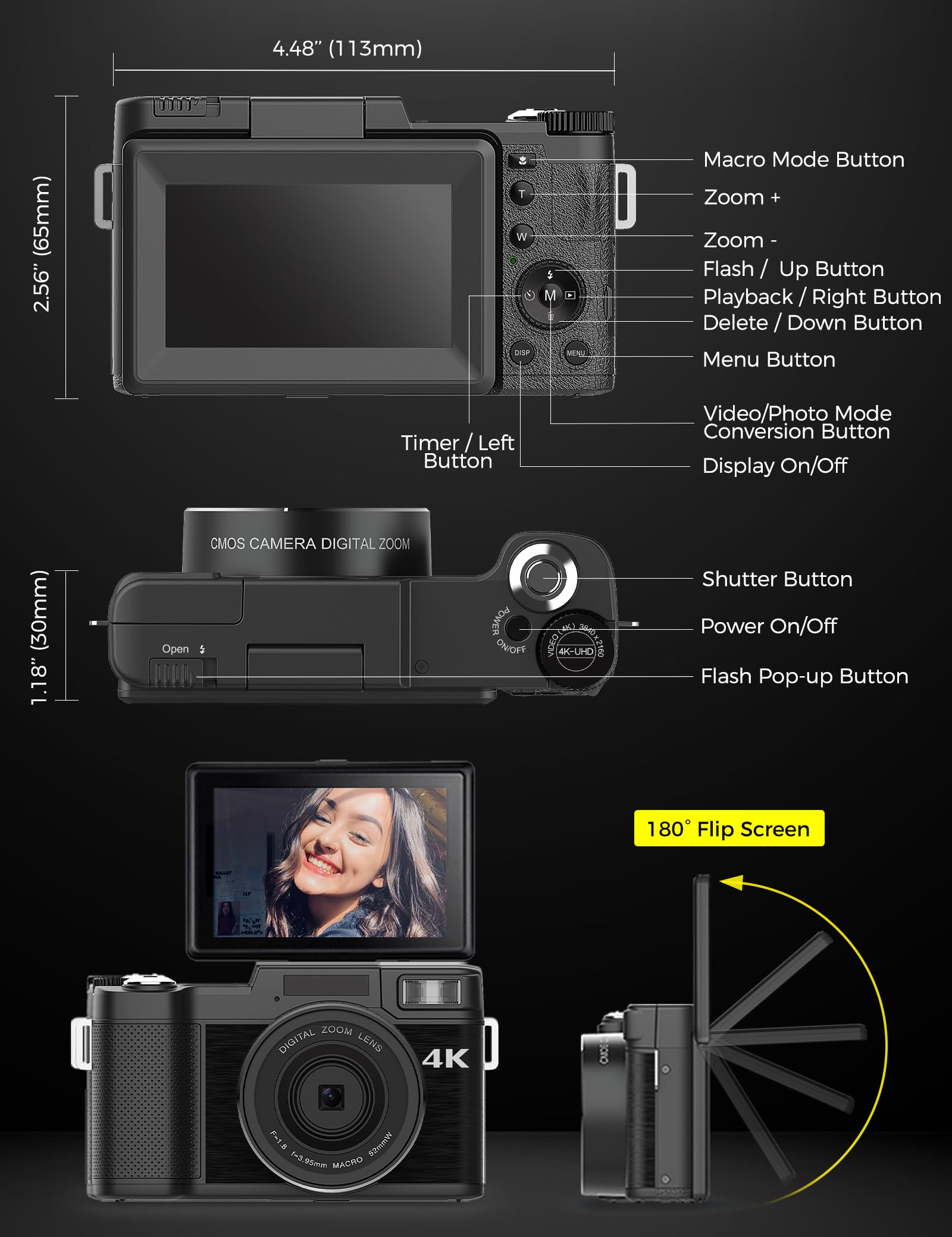 Digital Camera 4K 48MP Camera for Photography with Flip Screen Autofocus Vlogging Camera for YouTube with Selfie Light, Mini Tripod Accessories, Two Batteries