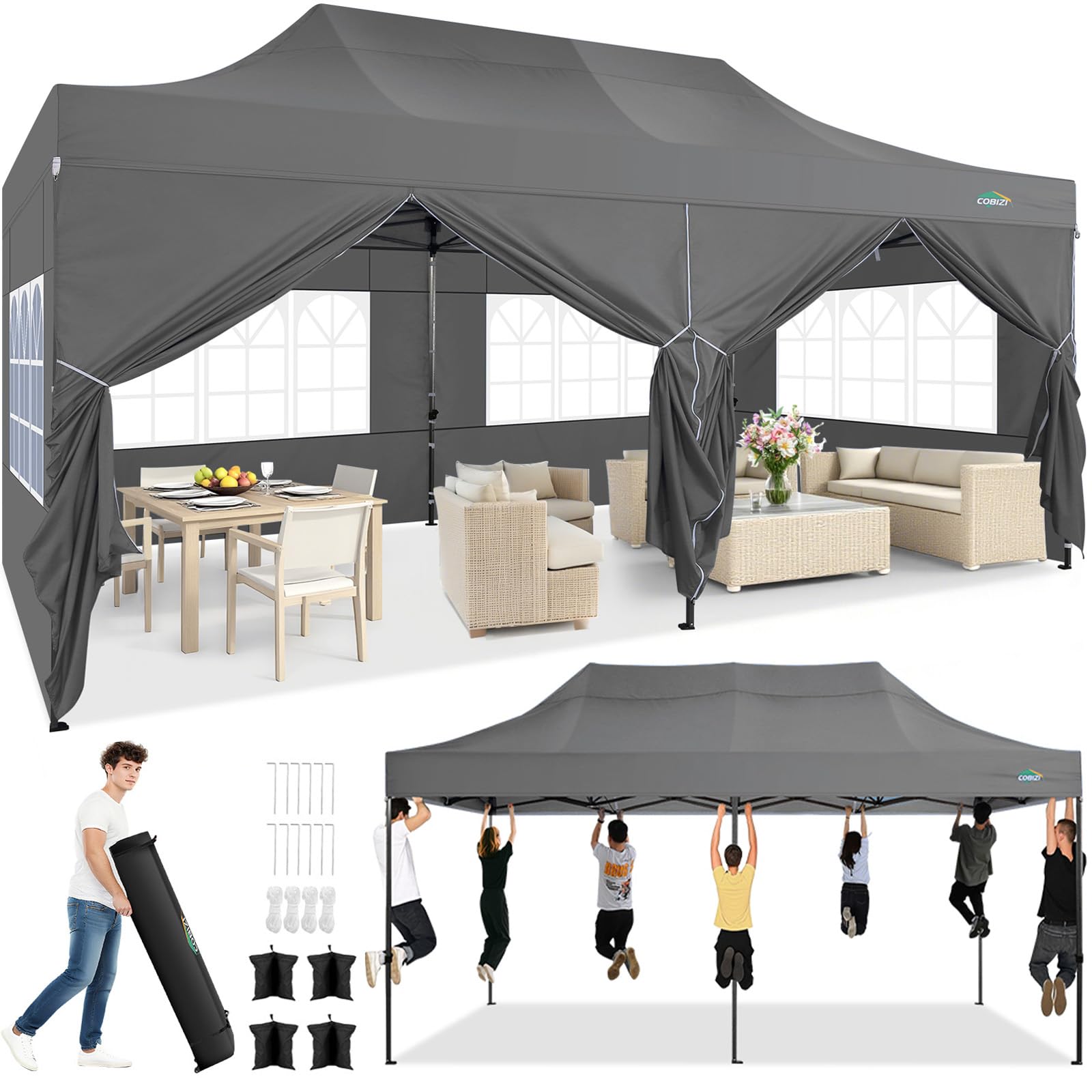 Photo 1 of **METAL FRAME PIECE BROKEN. SELLING FOR PARTS**COBIZI 10x20 Pop up Canopy Heavy Duty with 6 Sidewalls, Easy Set-up Commercial Outdoor Party, 100% Waterproof Wedding Canopy Gazebo, 3 Height Adjustable with Wheeled Bag, Gray