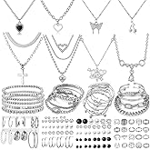 IFNODO 92 PCS Silver Plated Jewelry Set with 8 PCS Necklace, 19 PCS Bracelet, 44 PCS Stud Hoop Earring, 21 Pcs Knuckle Rings for Women Valentine Anniversary Friendship Gift